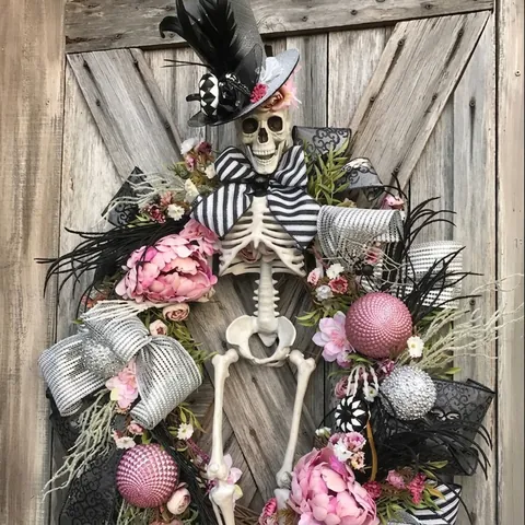 Halloween Skull Artificial Wreath Gothic Red Black Rose Wreath For Front Door Horror Atmosphere Hanging Ornament Party Decor