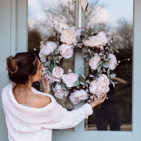 Künstlicher Blumenkranz Seidenrose Sonnenblume Pfingstrose Weinrebenbasis Türhänger Dekoration Frühling Pastoraler Stil Haus Wand Deko