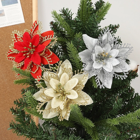 Fiori Artificiali di Natale Poinsettia Con Design a Rete Glitterata per Decorazioni Albero di Natale Casa Festa Festiva