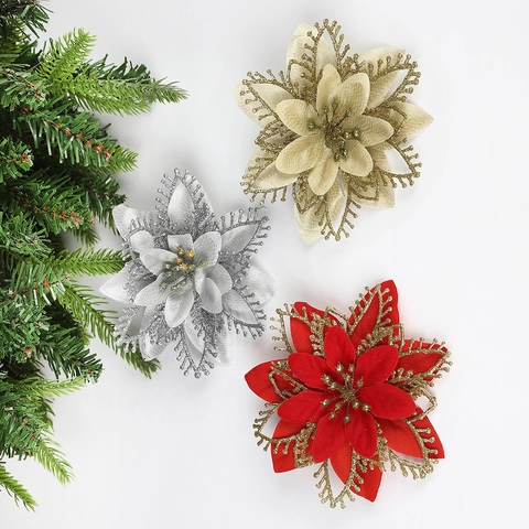 Fiori Artificiali di Natale Poinsettia Con Design a Rete Glitterata per Decorazioni Albero di Natale Casa Festa Festiva