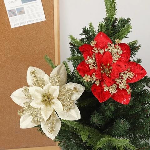 Glitter Artificial Christmas Poinsettia Flowers Plastic Holiday Christmas Tree Hanging Decoration Fake Floral Ornament
