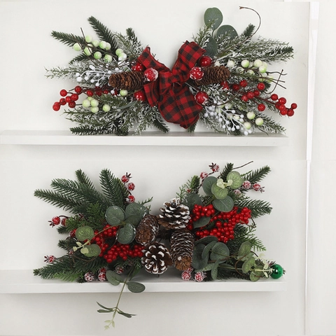 Künstliche Weihnachten Girlande Dekoration Mit Tannenzapfen Rote Beeren Karierte Schleife Für Zuhause Wand Kamin Deko