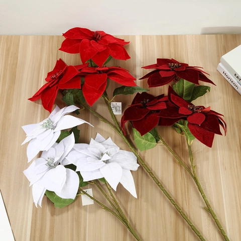 Kunstmatige Kerstster Bloemen 3 Koppen Kerst Decoratieve Zijden Bloem Plastic Steel Voor Thuis Kerst Scene Decoratie