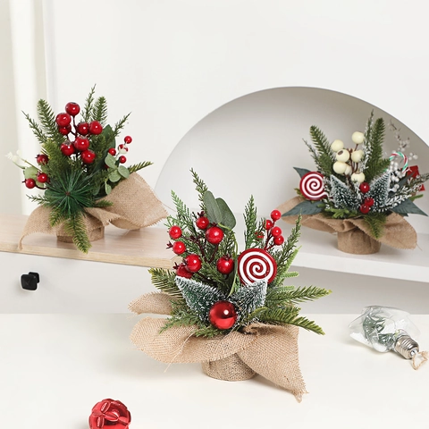 Simulation Mini Weihnachtsbaum Ornamente Mit Sackleinen Basis Künstliche Kiefernnadel Rote Beere Ornamente Für Desktop Party Dekor