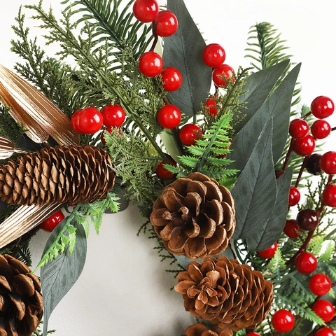 Künstlicher Weihnachtskranz Mit Kiefernzapfen Rote Beeren Buffalo Karo Schleife Simulation Grün Wand Tür Hängen Dekoration Feiertagsschmuck