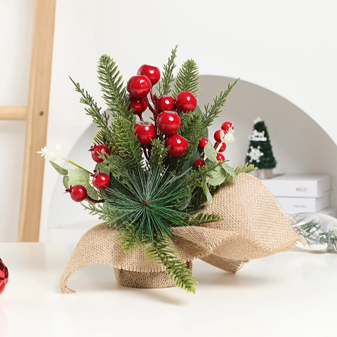 Simulation Mini Weihnachtsbaum Ornamente Mit Sackleinen Basis Künstliche Kiefernnadel Rote Beere Ornamente Für Desktop Party Dekor