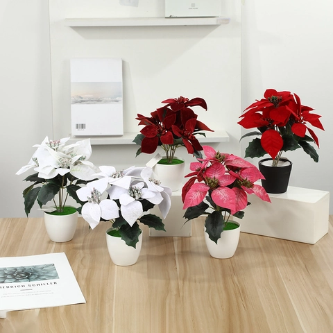 Plante en Pot de Poinsettia Artificielle Fleur de Noël Pour la Décoration de Table Intérieure Faux Verdure Ornement