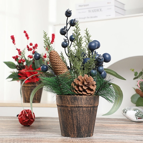 Artificial Christmas Potted Plant Desktop Ornament With Berries Pinecones Plastic Foam Mini Christmas Tree Holiday Decor