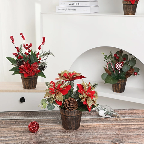 Artificial Christmas Potted Plant Desktop Ornament With Berries Pinecones Plastic Foam Mini Christmas Tree Holiday Decor