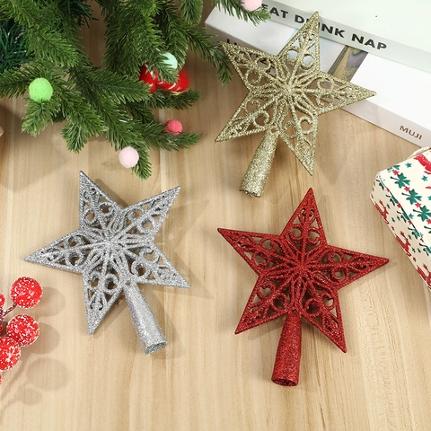 Puntale per Albero di Natale a Stella Intagliato Plastica Glitter Stella per Decorazione Albero di Natale Festa Casa