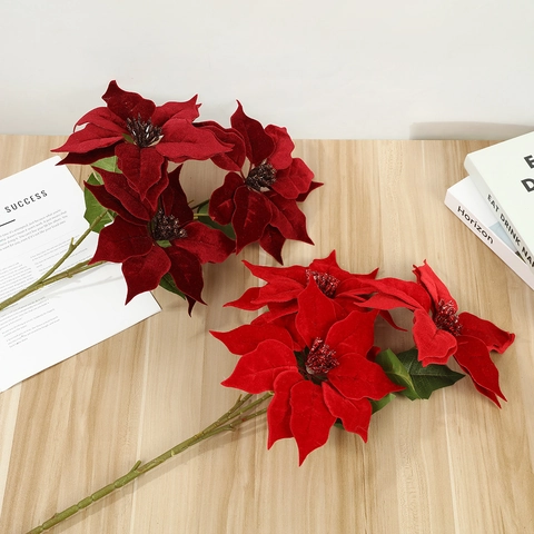 Künstlicher Weihnachtsstern Weihnachtsblumen Glitzer Samtblütenblätter Rot Weinrot Falscher Blumenschmuck Haus Dekoration