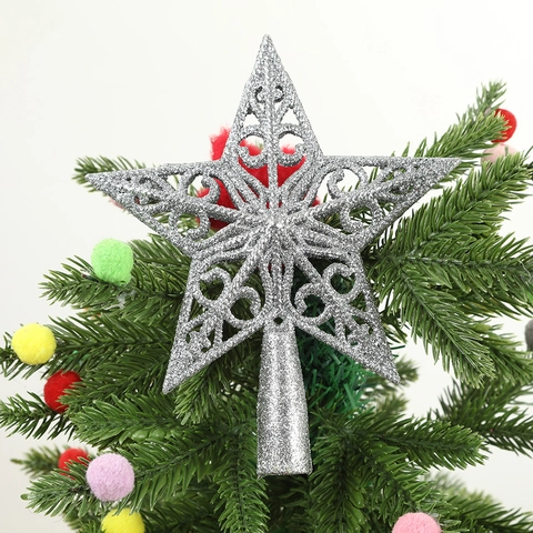 Puntale per Albero di Natale a Stella Intagliato Plastica Glitter Stella per Decorazione Albero di Natale Festa Casa