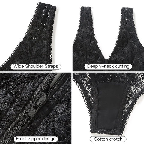 Damen Sexy Schwarz Spitze Body Tiefem V-Ausschnitt Reißverschluss Shapewear Schlanke Bauchkontrolle Ärmellos Einteiler Lingerie Top
