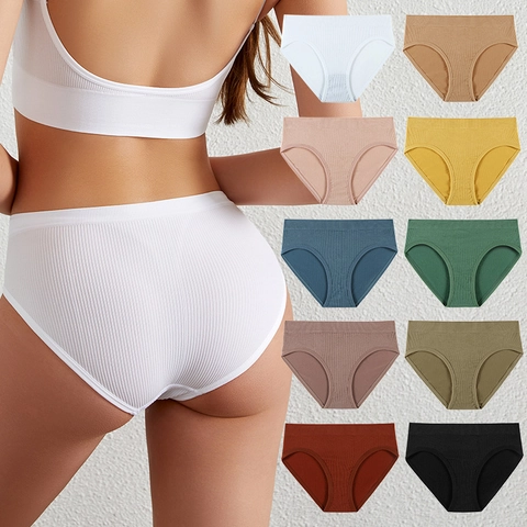 Women's Low Waist Ribbed Cotton Panties Seamless Breathable Briefs Sexy Solid Color Antibacterial Soft Underwear For Ladies