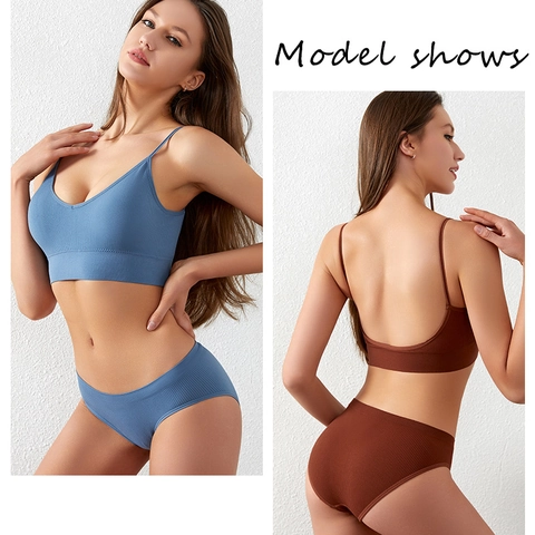 Women's Seamless Ribbed Lingerie Set Sexy V-Neck Wireless Push Up Bralette Top And Bottom Ribbed Knit Underwear Set