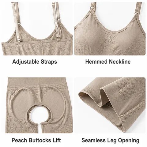 Damen Nahtlos Shapewear Bodysuit Bauchkontrolle Po-Lifting Offener Schritt Verstellbare Träger Nylon Top And Bottom Unterwäsche