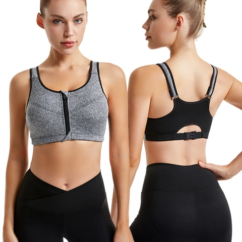 Soutien-gorge de Sport à Impact Élevé Femmes Fermeture Éclair Frontale Sans Armature Push Up Top Yoga Fitness Polyester Respirant