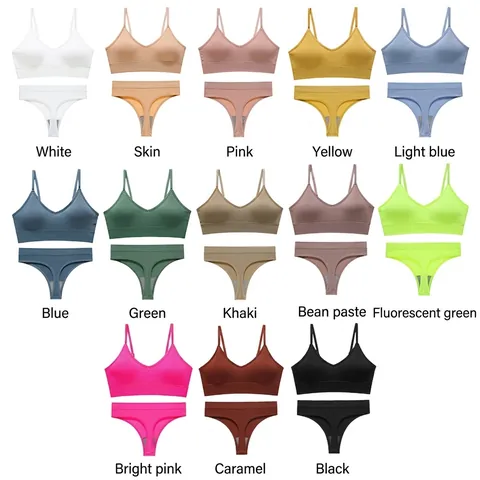 Sujetador y Bragas Sin Costuras Acanalado para Mujer Nailon Tirantes Finos Cuello en V Bralette Push Up Lencería Cómoda Ropa Interior