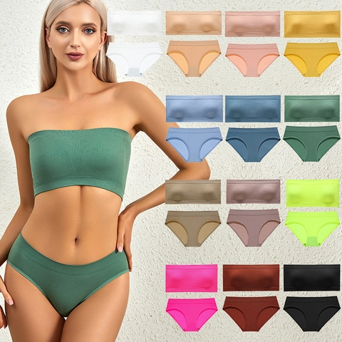 Set di Lingerie a Costine Senza Cuciture da Donna Reggiseno a Fascia Senza Spalline Con Slip Coordinati Intimo Senza Ferretto Comodo e Traspirante