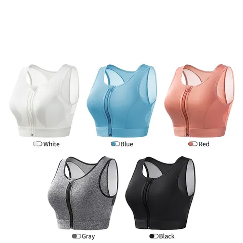 Women High Impact Shockproof Sports Bra Front Zipper Breathable Mesh Back Racerback Wireless Yoga Bra Running Workout Fitness Top