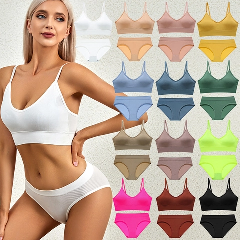 Women Seamless Ribbed Lingerie Set Nylon U-Back Wireless Bra And Panties Top And Bottom Minimalist Solid Color Intimate Underwear