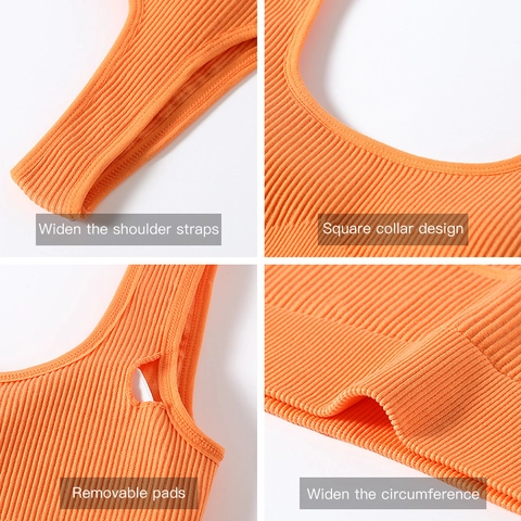 Women Seamless Ribbed Sports Bra High Elasticity Nylon Workout Tank Top Square Neck Wireless Yoga Bra For Gym Fitness
