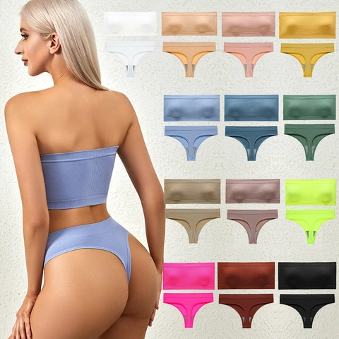 Intimo Donna Senza Cuciture a Costine Top Bandeau e Perizoma Combinazione Traspirante Senza Spalline Senza Ferretto Tinta Unita