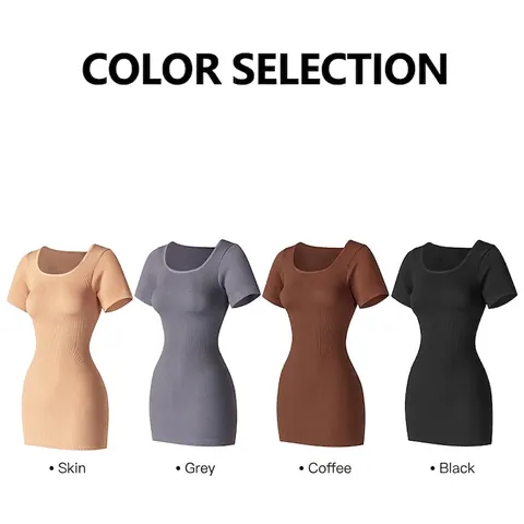 Women's Seamless Ribbed Mini Dress Short Sleeve Slim Fit Bodycon Summer Sporty Athletic Yoga Dress Solid Color Outfit