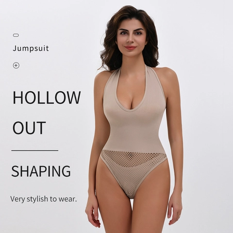 Women Halter Neck Deep V Shapewear Bodysuit Seamless Tummy Control Jumpsuit Slim Fit Ribbed Mesh Hollow Out Sexy Leotard Top
