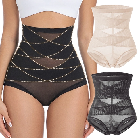 Women High Waist Tummy Control Panties Mesh Cross Shaping Briefs Lace Trim Butt Lifter Body Shaper Underwear