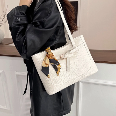 Dames Krokodillenpatroon PU Leer Tote Tas Grote Capaciteit Minimalistische Schoudertas Met Decoratieve Sjaal Handtas