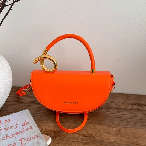 Bolso Bandolera de Mujer de Cuero PU de Media Luna Con Asa de Anillo Dorado Color Sólido Elegante Bolso de Mano de Calle