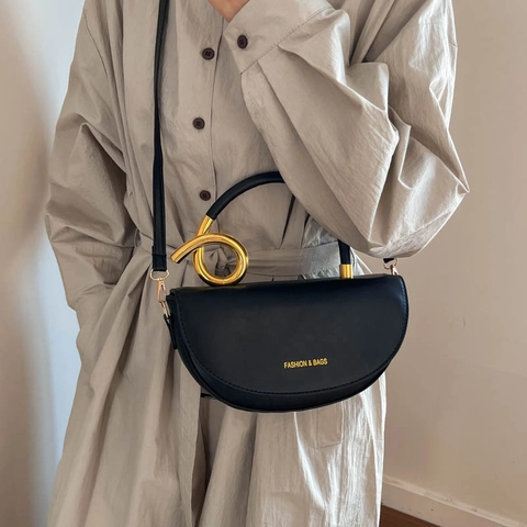 Bolso Bandolera de Mujer de Cuero PU de Media Luna Con Asa de Anillo Dorado Color Sólido Elegante Bolso de Mano de Calle