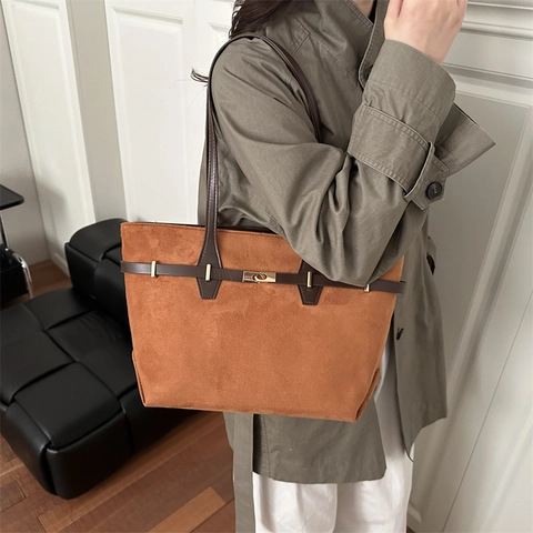 Vintage Large Capacity Suede Tote Bag For Women Retro Casual Leopard Print Shoulder Bag Chic Solid Color Top Handle Bag