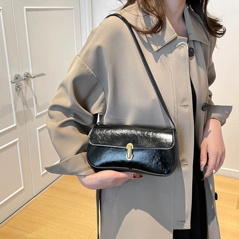 Dames Franse Stijl PU-Leren Baguette Schoudertas Retro Minimalistische Okseltas Met Gouden Gesp Voor Dagelijks Casual Gebruik