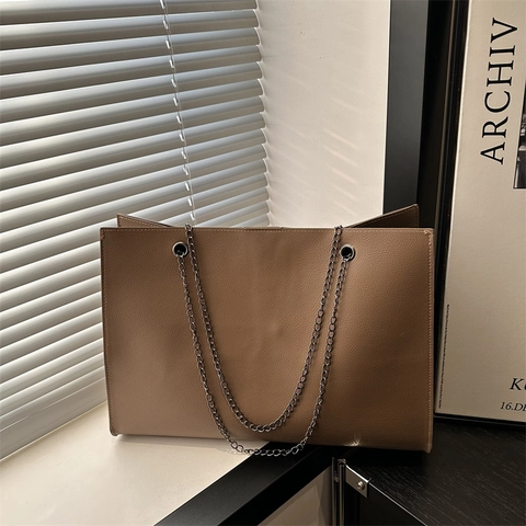 Bolso Tote de Cuero PU para Mujer de Gran Capacidad Patrón de Lichi Minimalista Cadena Bolso de Hombro Color Sólido Casual