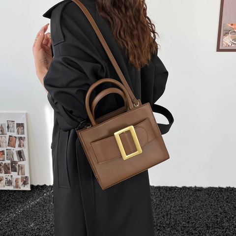 Vintage Minimalistische Damen PU Leder Quadratische Tasche Gold Schnalle Top Griff Schulter Crossbody Tasche Mode Handtasche
