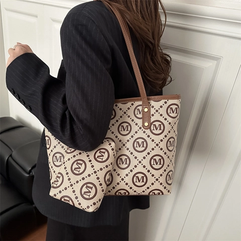 Borsa Tote Donna alla Moda con Monogramma e Pochette Borsa a Spalla Grande Capacità Borsa a Mano Casual in Pelle Sintetica
