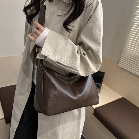 Damen Große Kapazität PU Leder Hobo Achseltasche Retro Minimalistisch Nähte Umhängetasche Für Den Täglichen Weg Zur Arbeit