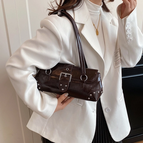 Vintage PU Leather Underarm Bag For Women Rivet Buckle Baguette Shoulder Bag Retro Punk Style Tote Handbag