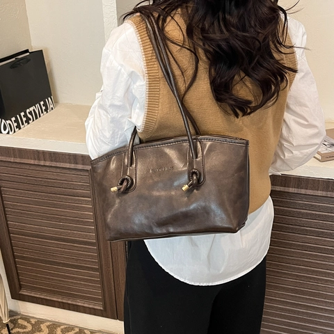 Vintage Women Microfiber Tote Bag With Fashion Lettering Knot Shoulder Bag Casual Large Capacity Commuting Handbag
