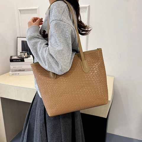 Borsa Tote Vintage con Trama Intrecciata Grande Capacità Borsa a Tracolla Minimalista in Pelle PU per Donna Casual Quotidiana
