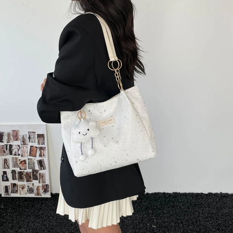 Borsa Tote da Donna in Pelle PU con Stampa Stellata Ciondolo Nuvola Catena Tracolla Chic Borsa Sottobraccio Versatile