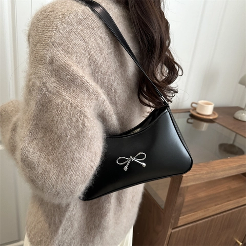 Women Fashion PU Leather Shoulder Bag With Silver Metal Bowknot Small Square Crossbody Underarm Bag For Daily Commuting