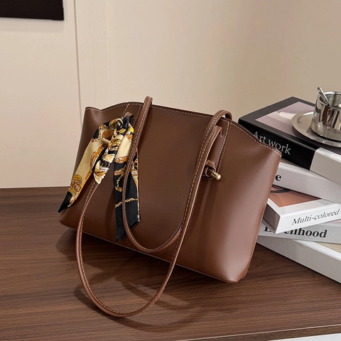 Bolso Tote de Cuero PU de Gran Capacidad para Mujer Bolso de Hombro Vintage para Viaje Diario con Bufanda Decorativa Bolso de Mano de Moda de Color Sólido