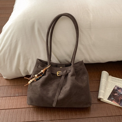 Borsa Tote Retro in Pelle PU per Donna Grande Capacità Borsa a Tracolla Minimalista Con Ciondolo di Perline Vintage Ufficio