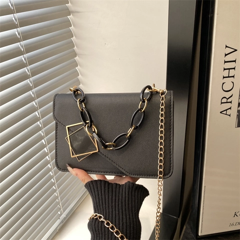 Borsa a Tracolla Piccola Quadrata in Pelle PU da Donna Fibbia Geometrica Minimalista Doppia Catena Borsa a Mano Quotidiana