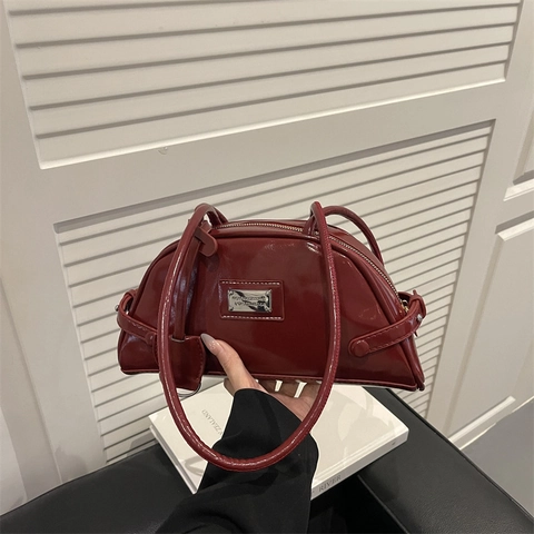 Vintage Glossy PU Leather Half Moon Shoulder Bag For Women Retro Bowling Underarm Bag With Metal Plate Solid Color