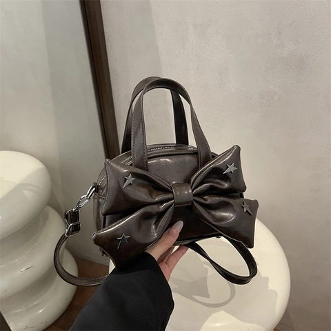 Petit Sac à Main Nœud pour Femmes en Simili Cuir avec Rivets Étoile Sac Bandoulière Mode Coréenne Sac à Épaule