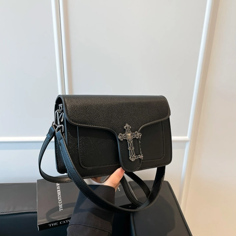 Retro Gothic PU Leather Crossbody Bag For Women With Metal Cross Decoration Fashion Litchi Pattern Square Flap Shoulder Bag